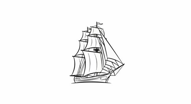 A detailed black ink sketch of a tall ship with multiple sails