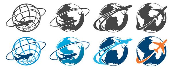 Airplane travel globe flight route icon on transparent background © Pavlo