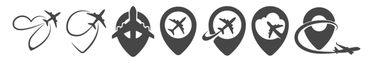 Airplane travel location icon set with pins, flight routes, heart, cloud and vector silhouettes © Pavlo