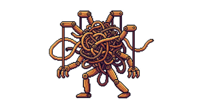 Flying Spaghetti Monster puppet with wooden limbs and eyes.