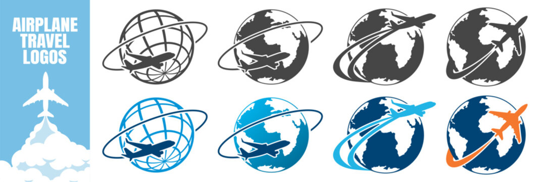 Airplane travel icon with globe and flight route on transparent background