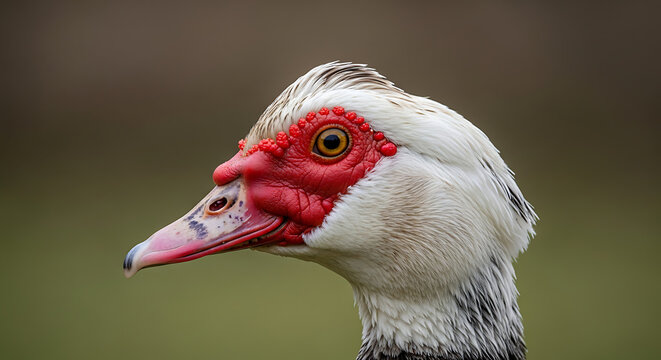 Close-up profile of a muscovy duck's head with bright red caruncles and yellow eye, detailed texture on feathers, soft bokeh background, outdoor setting