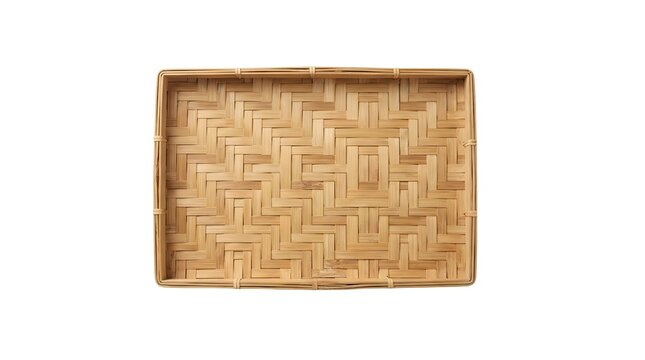 Top down view of woven bamboo tray on white background