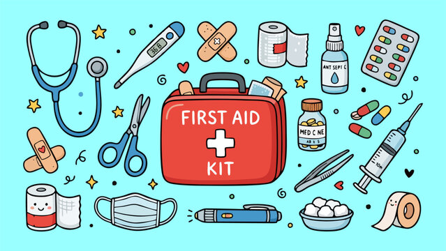 Comprehensive collection of medical supplies for emergency care and health safety featuring a red kit stethoscope thermometer bandages pills and essential first aid equipment for wellness and