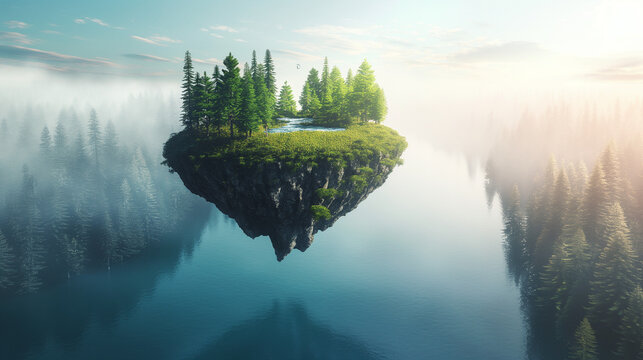 Floating island in fantasy style, green and blue colors, surreal nature concept