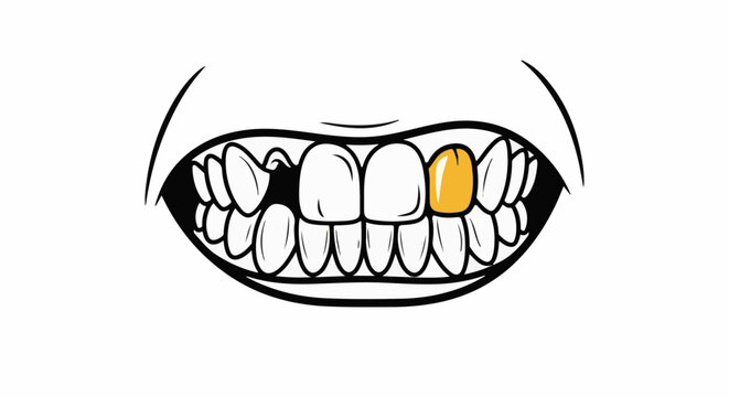 A close-up cartoon illustration of a mouth with a gap and a golden tooth