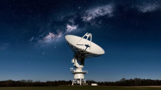 Satellite dish under a starry night sky. Represents advanced communication technology and the quest for knowledge in astronomy