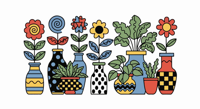 A colorful collection of potted plants and flowers in various decorative vases