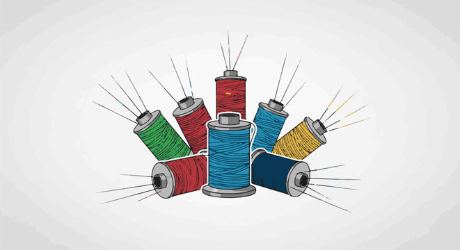 A colorful collection of thread spools arranged in a semi-circle on a white background