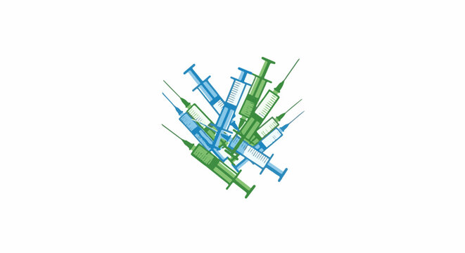 A cluster of medical syringes in green and blue hues, fanned out