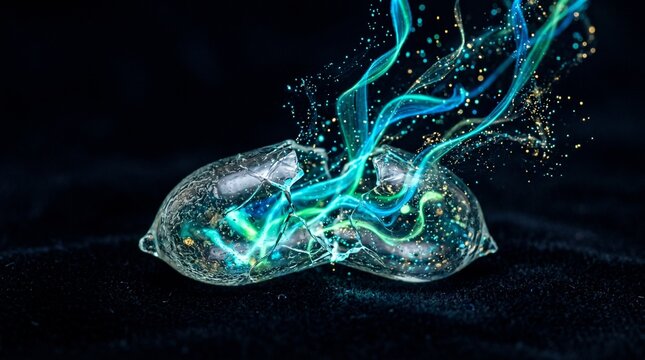Shattered glass seed capsule releasing vibrant teal energy trails image