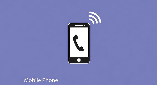 Flat icon of a ringing mobile phone with a handset symbol on a purple background, representing communication and connectivity