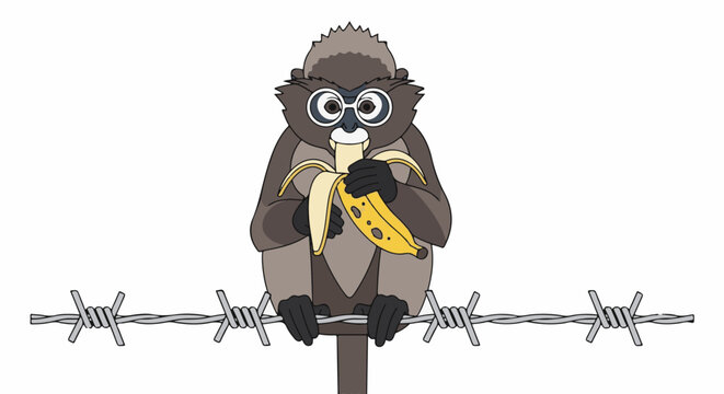 A cartoon monkey with glasses sitting on barbed wire eating a banana