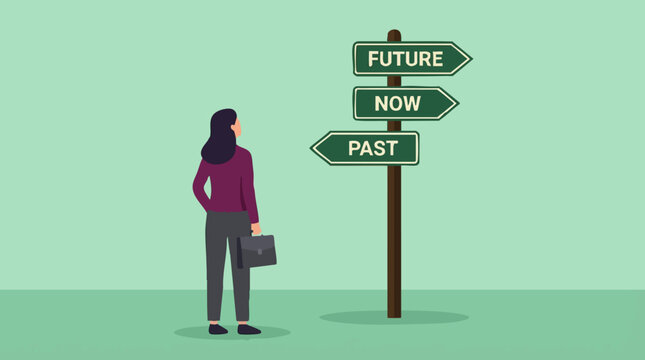 Businesswoman looking at signpost with Future, Now, Past directions