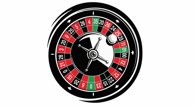 A casino roulette wheel with a ball resting in a numbered slot