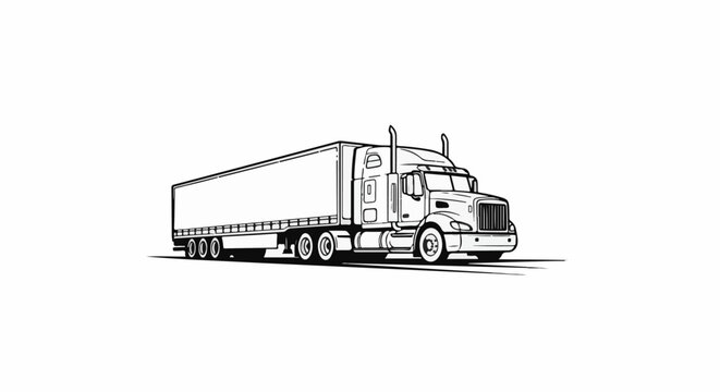 A black and white outline drawing of a large semi-trailer truck on a white background