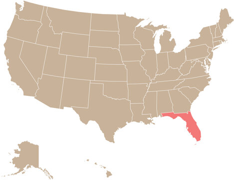 State of Florida Location Highlighted on Map of USA with Political State Boundaries Editable Design Cartographic Vector.