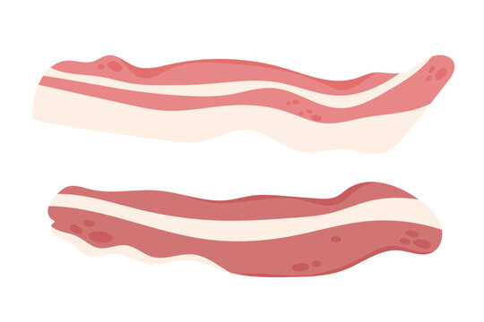 Illustration of two raw bacon slices with characteristic fat and meat layers. Ideal for breakfast menus, meat product branding, butcher shop graphics, food blog content and restaurant print materials