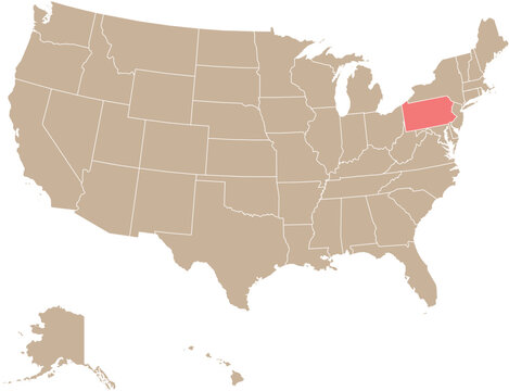 State of Pennsylvania Location Highlighted on Map of USA with Political State Boundaries Editable Design Cartographic Vector