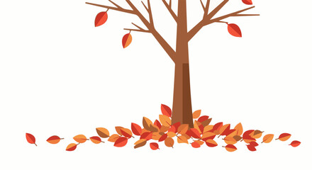 Fototapeta premium A bare tree stands with falling leaves in autumn, creating a carpet of color