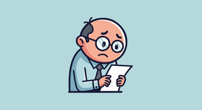 A bald man in glasses with a tie looks worried at a document