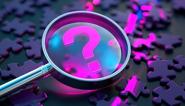 A magnifying glass highlights a glowing pink question mark over scattered black puzzle pieces, symbolizing mystery and problem-solving.