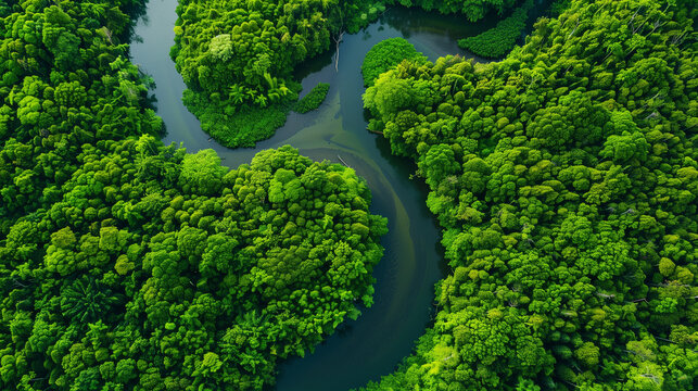 Aerial tropical mangrove river in rich green colors, abstract rainforest nature background