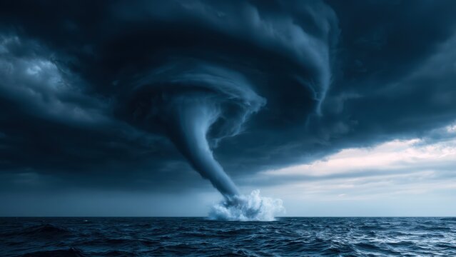 Powerful waterspout descending from menacing storm clouds over a turbulent deep blue ocean