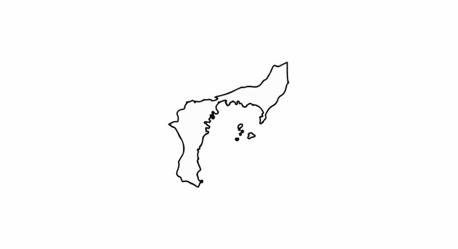 A black outline map of an island chain with several smaller islands