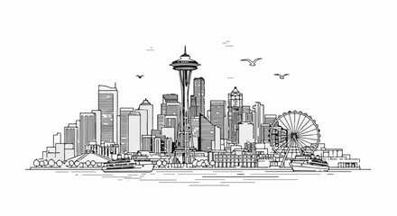 Obraz premium A black and white line drawing of a city skyline with a tall tower and ferris wheel
