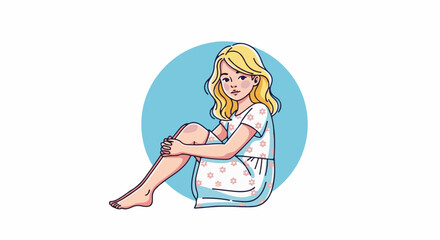 Obraz premium A blonde girl in a floral dress sits with her knees pulled to her chest