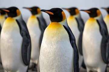 Fototapeta premium King penguin standing tall among a blurred colony of its peers
