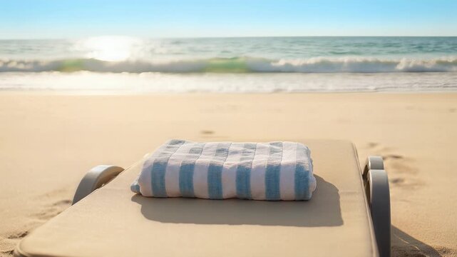 Sun-kissed beach towel neatly folded on a lounge chair overlooking a gentle ocean wave
