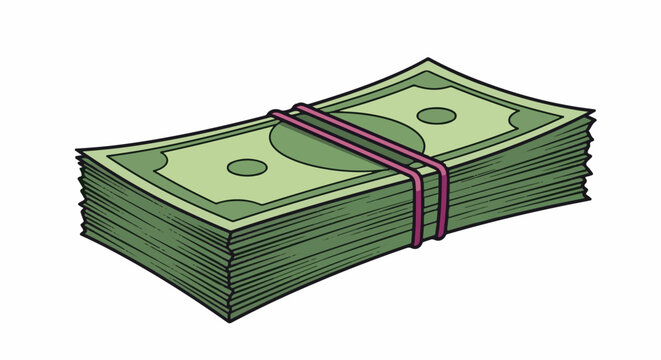 A bundle of stylized green bills bound by a pink rubber band