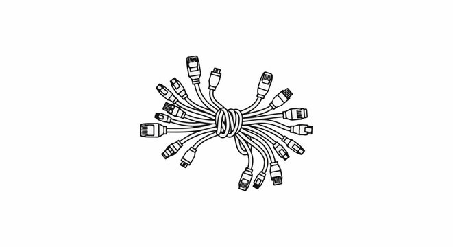 A bundle of various electronic cables with different connectors