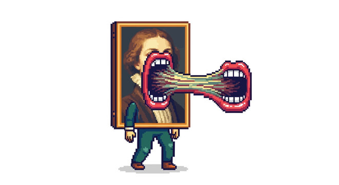 Surreal pixel art of a man with a painting for a head.