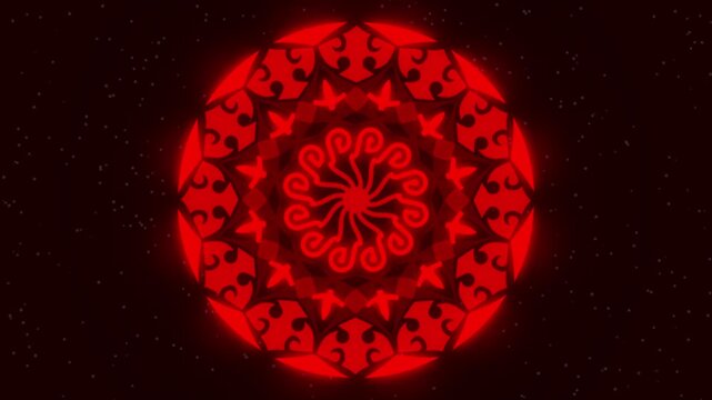 Glowing Red Mandala on a Starry Black Background, A vibrant red mandala design with intricate patterns and glowing accents against a dark background filled with stars.