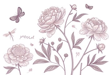 Fototapeta premium delicate botanical illustration of peonies and butterflies