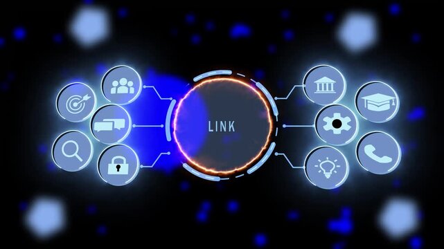Dynamic digital link interface with glowing hud futuristic network connection nodes, animated business and abstract data flow particles for high-tech corporate presentations