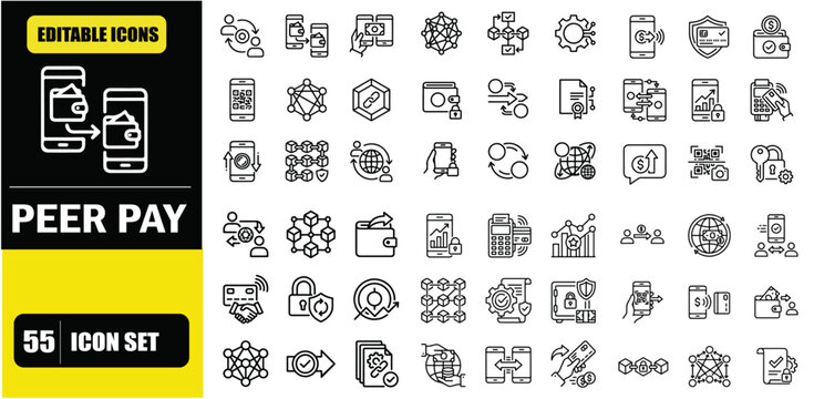 Peer to Peer Line Editable Icons Set &ndash; Money Transfer, Digital Payments, Decentralized Network, Blockchain Transactions and Fintech Communication Symbols in Modern Thin Line Style Vector Illustration 