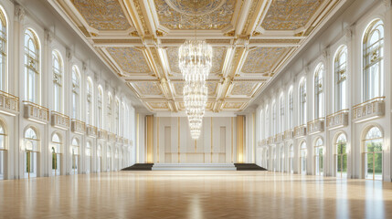 Naklejka premium Grand interior space featuring elegant architecture, large windows, and stunning chandelier. design showcases luxury