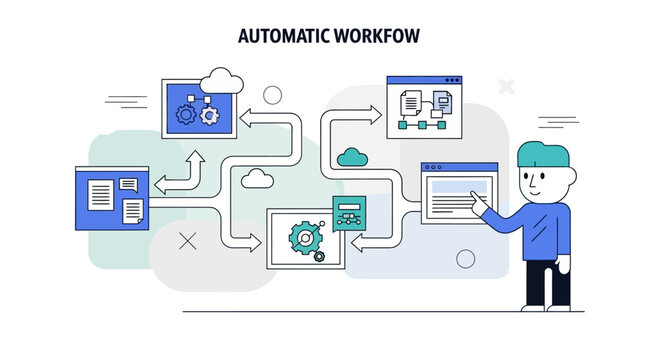Man interacting with workflow diagram.