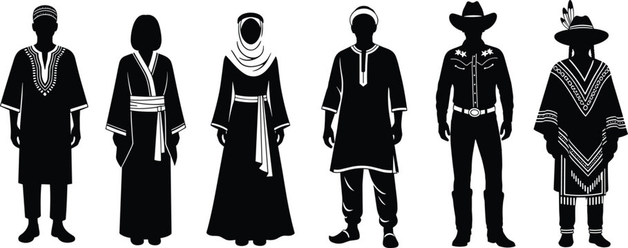 Traditional clothing silhouette set showing diverse cultural outfits including robe dress headscarf cowboy attire and ethnic garments isolated on white