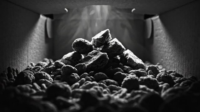 Dramatic monochrome shot of charcoal briquettes smoking in a dark rectangular space, creating atmospheric contrast