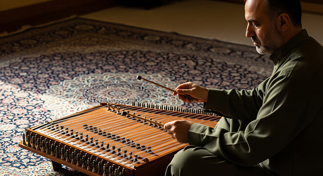 Middle Eastern Musician Playing Traditional Santur Hammered Dulcimer on Carpet