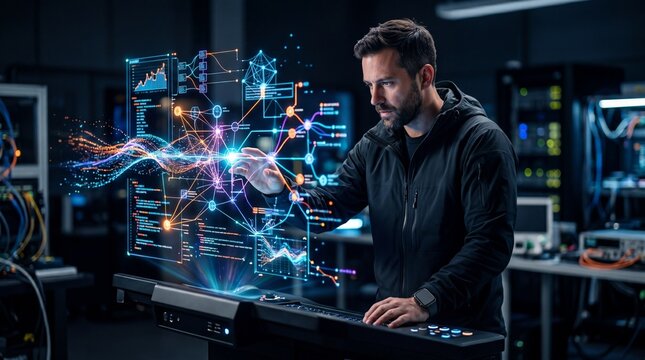 A man interacting with futuristic technology, visualizing complex data in a lab setting.