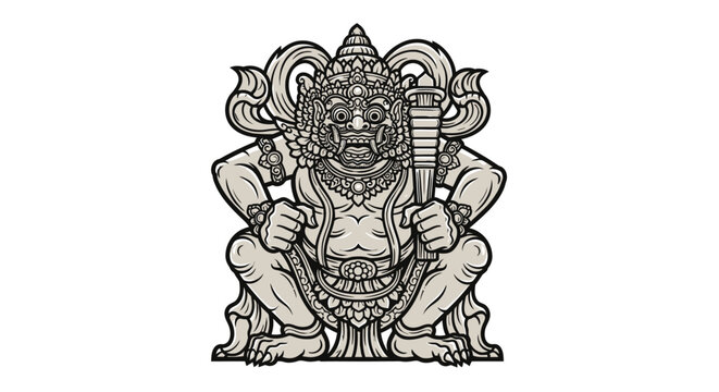 Balinese Guardian Statue, Carved Stone, Mythology, Ancient Symbol, White Background