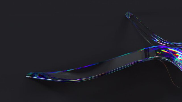 Abstract 3D glass wave emerging from a dark surface. Features elegant, iridescent and refractive motion graphics. 4K seamless loop 3d render animation.