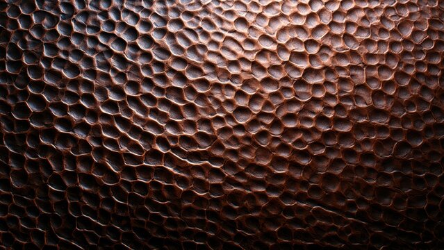 Textured dark copper metal surface featuring an intricate hammered pattern and glowing highlights