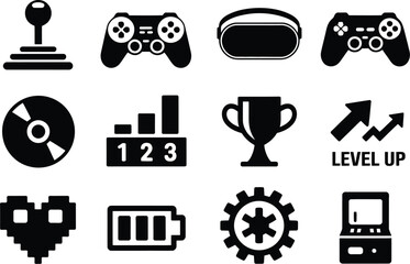 Comprehensive set of video game vector symbols featuring joysticks gamepads rankings and battery life indicators isolated on a white background. © AMELIA